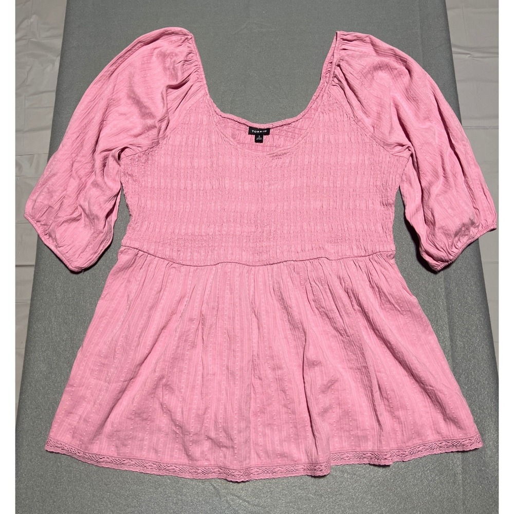 Torrid Pink Smocked Babydoll Top Plus Size 2 Puff Sleeve Lace Trim Dobby Stripe